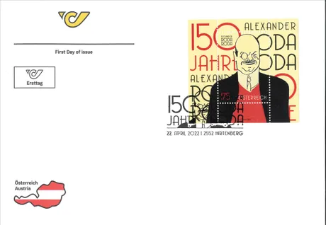 First day cover with Austrian Post stamp 'Austria 2022, Nominal 1.75 Euro: 150 Years Alexander Roda Roda'.