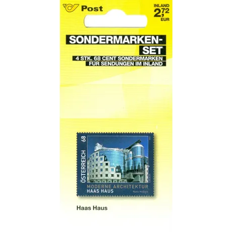 2eee26fd7e8846c5af5e4a93561ceb8cead28550.jpg Sondermarken-Set der Österreichischen Post: 4 Marken zu je 68 Cent, Motiv Haas Haus, moderne Architektur von Hans Hollein.