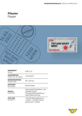 c440ae9620a9e73bee1cd1879e1618fa83e8dcd4.jpg Sondermarkenblock 'Pflaster' der Österreichischen Post, Ausgabe 15.03.2022, Wert 2,75 €, Motiv 'Tut gar nicht weh!'.