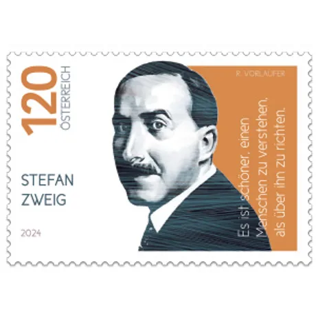 SM_Stefan_Zweig_0624 Briefmarke Österreich 2024, Nominale 1,20 Euro: Porträt von Stefan Zweig mit Zitat auf orangefarbenem Hintergrund.