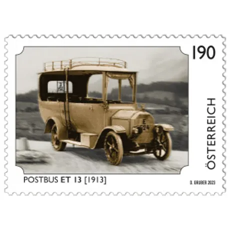 ffa285f75b5f51546985d3d944ef76419bdc0f05.jpg Briefmarke Österreich 2023, Nominale 1,90 Euro: Historischer Postbus ET 13 von 1913 in Sepia-Tönen.