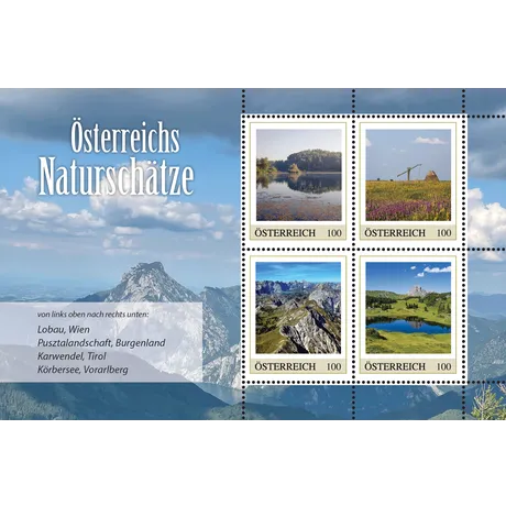 Briefmarkenblock der Österreichischen Post 'Österreichs Naturschätze' 2023, je 1,00 €: Lobau, Puszta, Karwendel, Körbersee.