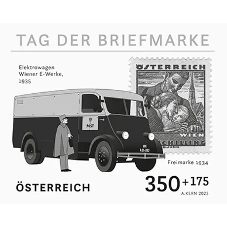 be1365c8e1c6bb73f96deef7bbc2fe447c289949.jpg Austrian Post stamp 2023, 350+175 cents: Electric van Wiener E-Werke 1935, with 1934 stamp motif.