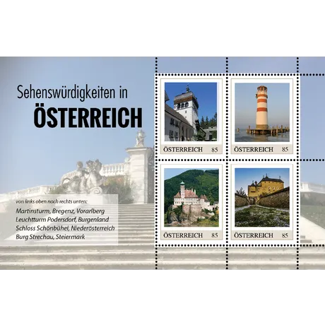 Briefmarken Österreich 2023, Nominale 0,85 €: Martinsturm, Leuchtturm Podersdorf, Schloss Schönbühel, Burg Strechau.