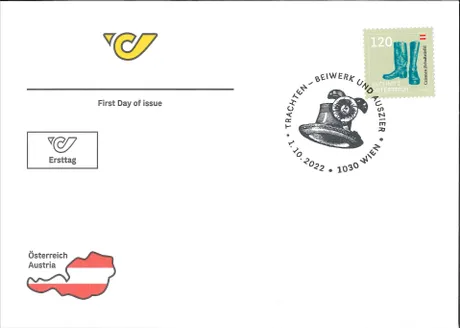 First day cover with Austrian Post logo, Austria map, and 2022 stamp 'Rechnitz Boots' (€1.20).
