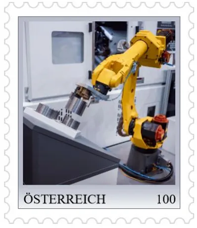 caf787a7dcbeac8f9c8f8f29555aaca963e73791.jpg Briefmarke Österreich 2023, Nominale 1,00 Euro: Gelber Roboterarm in einer industriellen Umgebung.