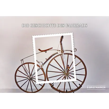 Briefmarkenserie der Österreichischen Post 'Die Geschichte des Fahrrads' mit einem antiken Fahrrad. Enthält 8 Briefmarken.