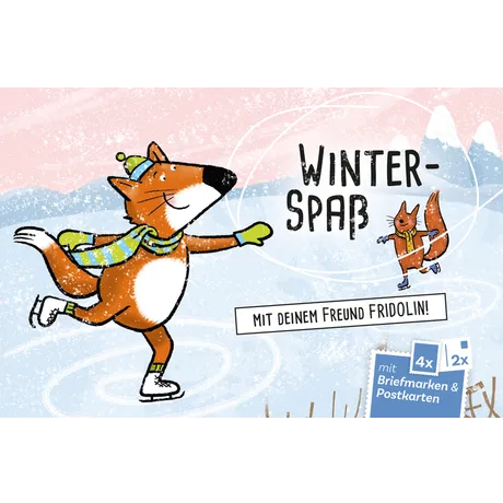 Illustration von Fridolin dem Fuchs beim Eislaufen mit einem Eichhörnchen, Werbung für Briefmarken und Postkarten der Österreichischen Post.