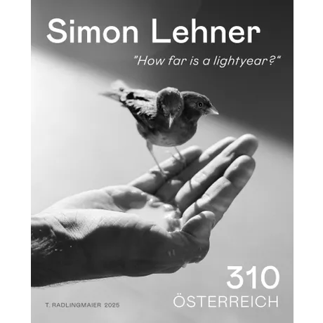 Schwarzdruck mit Vogel auf offener Hand. Motiv von Simon Lehner. Nominale 310, Österreich, Jahr 2025. Schwarzdruck mit Vogel auf offener Hand. Motiv von Simon Lehner. Nominale 310, Österreich, Jahr 2025.