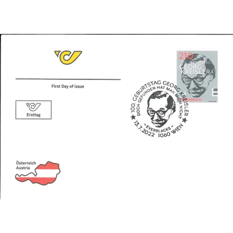First day cover with Austrian Post stamp 'Georg Kreisler 100th Birthday, 2022, Nominal 2.10 Euro' and special postmark.