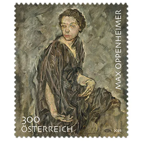 Austrian stamp 2023, nominal value 3.00 euros: Portrait painting by Max Oppenheimer in earthy tones.