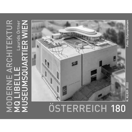 34df963497976b084dfa7396f9adf13481baaf7b.jpg Austrian stamp 2022, nominal value 1.80 euros: MQ Libelle, MuseumsQuartier Vienna, modern architecture by Laurids Ortner.
