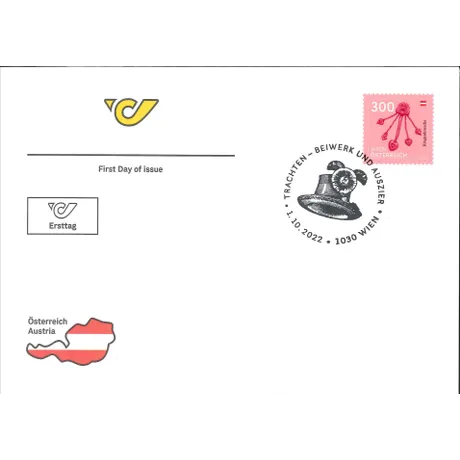4f64d4f0bd9fdfb41d14bc2cf7ac83e8086cdeb6.jpg Ersttagsbrief der Österreichischen Post mit Briefmarke 2022 'Trachten-Beiwirk' (300 Cent) und Sonderstempel.