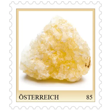 594b4f4e0de2312121fbe2fd9eb8ada3fa3dc490.png Austrian stamp 2023, nominal value 0.85 euros: motif of a yellowish mineral crystal on a white background.