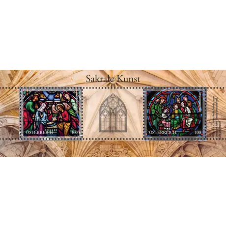 Sacred Art Stamp sheet “Sacred Art” with two stained glass motifs over cathedral-themed background.