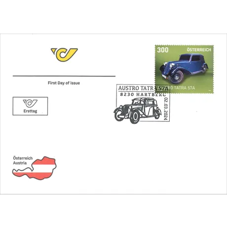 First Day Cover with Austrian Post stamp 2024, 3.00 Euro: Austro Tatra 57A, green background, Hartberg postmark.