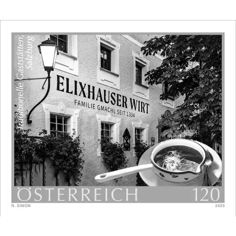 Black print with Elixhauser Wirt inn, flowered facade, soup in foreground. Nominal 120, Austria, year 2025.