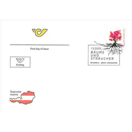 Ersttagsbrief der Österreichischen Post mit Briefmarke 'Österreich 2025, 1,00 €: Bäume und Sträucher' und Hohenems-Stempel.
