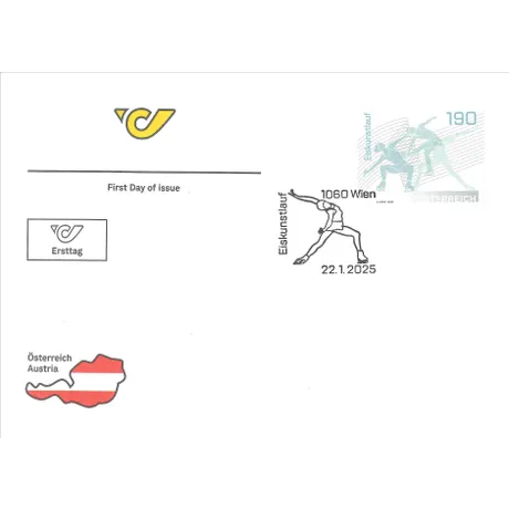 FDC_Eiskunstlauf_0125 Ersttagsbrief mit Post-Logo, Briefmarke Eiskunstlauf (1,90 €, 2025) und Stempel 1060 Wien, 22.1.2025.