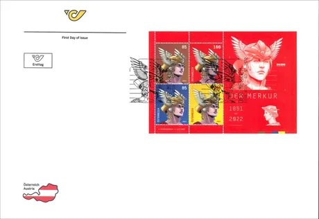 ce14e6fc53534041b56a440022061d89b9821c04.jpg Ersttagsbrief mit Briefmarken Österreich 2022: Motiv 'Der Merkur', Nominale 0,85€ und 1,00€, roter Hintergrund.