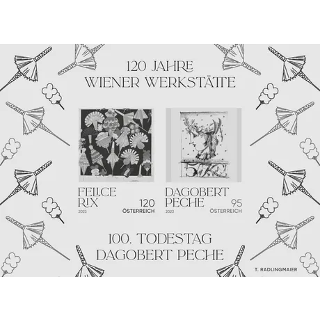 Austrian Post stamps 2023: 120 years Wiener Werkstätte. Felice Rix (€1.20), Dagobert Peche (€0.95).