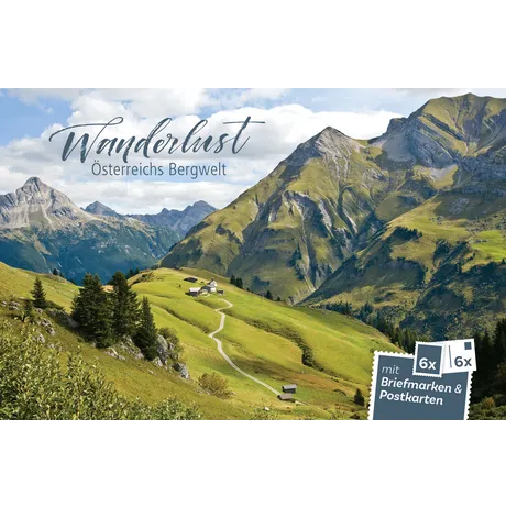 Österreichische Post-Werbung: 'Wanderlust - Österreichs Bergwelt' mit 6 Briefmarken und Postkarten, Alpenlandschaft.