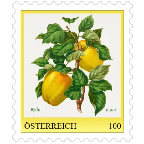 "Apple" Postage stamp showing yellow apples on a branch.