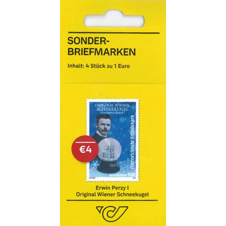Sondermarken-Set mit vier Briefmarken zu je 1 Euro, gewidmet der Original Wiener Schneekugel von Erwin Perzy I. Die Marke zeigt eine Schneekugel vor blauem Hintergrund mit Schneeflocken, ergänzt durch den Schriftzug „Österreichische Erfindungen“. Sondermarken-Set mit vier Briefmarken zu je 1 Euro, gewidmet der Original Wiener Schneekugel von Erwin Perzy I. Die Marke zeigt eine Schneekugel vor blauem Hintergrund mit Schneeflocken, ergänzt durch den Schriftzug „Österreichische Erfindungen“.