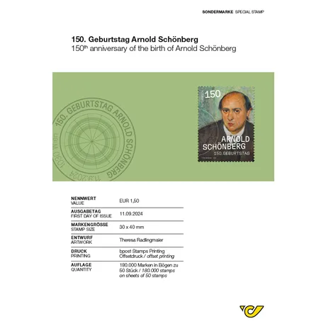 Briefmarke Österreich 2024, Nominale 1,50 €: 150. Geburtstag Arnold Schönberg, Porträtmotiv.
