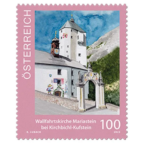 Austrian stamp 2023, nominal value 1.00 Euro: Pilgrimage Church Mariastein near Kirchbichl-Kufstein, pink background.