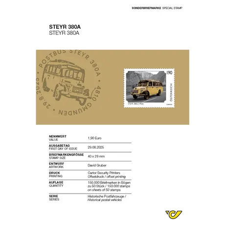 Description sheet for special stamp STEYR 380A with info on value, issue date, size, quantity and series. Austria, year 2025. Description sheet for special stamp STEYR 380A with info on value, issue date, size, quantity and series. Austria, year 2025.