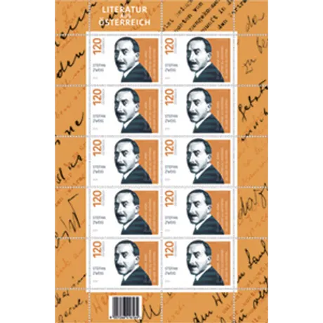 224760-Stefan-Zweig-ONLINESHOP Austrian Post stamp sheet 2023, Nominal value 1.20 Euro: Stefan Zweig portrait, orange background with handwriting.