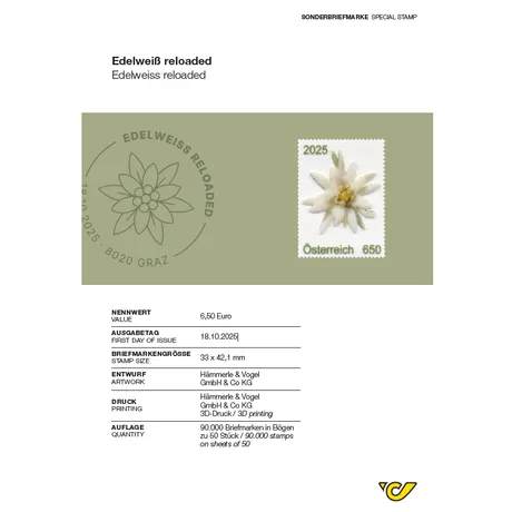 Sonderbriefmarke „Edelweiß reloaded“ mit plastischer Darstellung einer Edelweißblüte. Nennwert: 6,50 Euro, Ausgabetag: 18.10.2025, Größe: 33 × 42,1 mm, 3D-Druck von Hämmerle & Vogel GmbH & Co KG, Auflage: 90.000 Stück. Sonderbriefmarke „Edelweiß reloaded“ mit plastischer Darstellung einer Edelweißblüte. Nennwert: 6,50 Euro, Ausgabetag: 18.10.2025, Größe: 33 × 42,1 mm, 3D-Druck von Hämmerle & Vogel GmbH & Co KG, Auflage: 90.000 Stück.