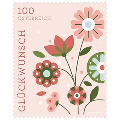 Austrian stamp 2023, nominal value 1.00 Euro: floral design with pink and green flowers, &#039;Congratulations&#039; text.