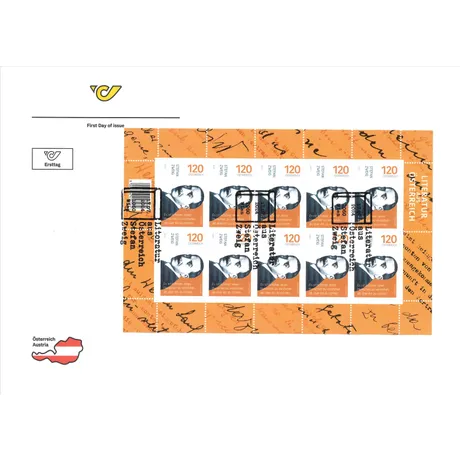 FDC-KB_Stefan Zweig_0724 Austrian Post 2023 first day cover with a sheet of €1.20 stamps featuring Stefan Zweig, themed 'Literature of Austria'.