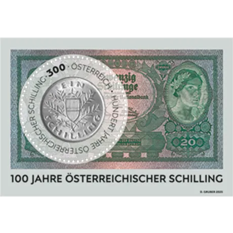 225080-100-Jahre-Schilling-ONLINESHOP Austrian Post stamp 2023, 3.00 Euro: 100 years of Austrian Schilling, featuring a coin and banknote design.