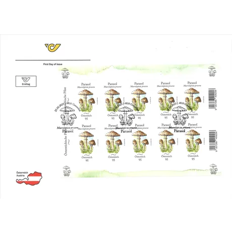 0230a5268f1b991ae84ba1c5021a852ed63e8157.jpg Austrian Post stamp sheet 2023, €0.95: Parasol mushrooms illustration, first day issue, Gmunden postmark.