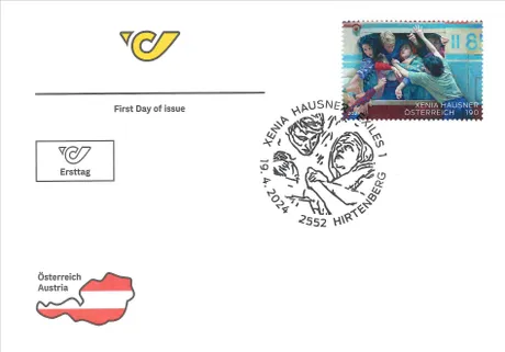 First Day Cover with Austrian Post stamp 2024, €1.90: 'Xenia Hausner - Exiles', postmark from Hirtenberg.