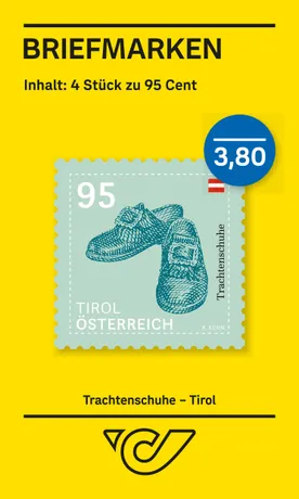 d46801ebc3ec03e8fb03b42c7c9bcc8fc0f83889.jpg Briefmarken-Set der Österreichischen Post: 4 Marken zu je 95 Cent mit Tiroler Trachtenschuhen, Gesamtpreis 3,80 Euro.