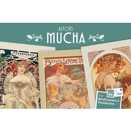 Cover mit mehreren Alfons-Mucha-Motiven, dekorative Rahmen, florale Ornamente, harmonische Pastellfarben