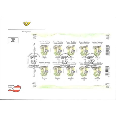 FDC-KB_Frauen-Täubling_0824 Austrian Post 2024 stamp sheet, 0.95 Euro: Frauen-Täubling mushroom illustration, first day of issue.