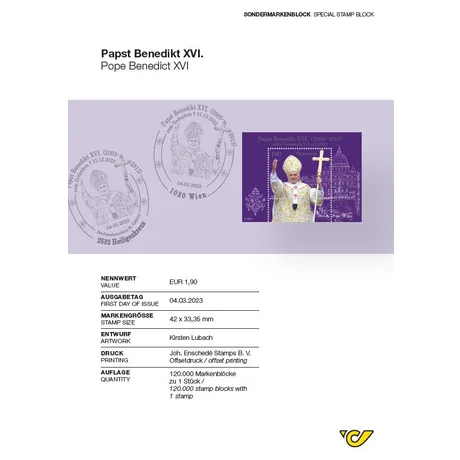 3580c0392bfd7f06dfc939775d2b9411201b4fa3.jpg Austrian Post special stamp block 2023: Pope Benedict XVI, €1.90, purple design with papal imagery.