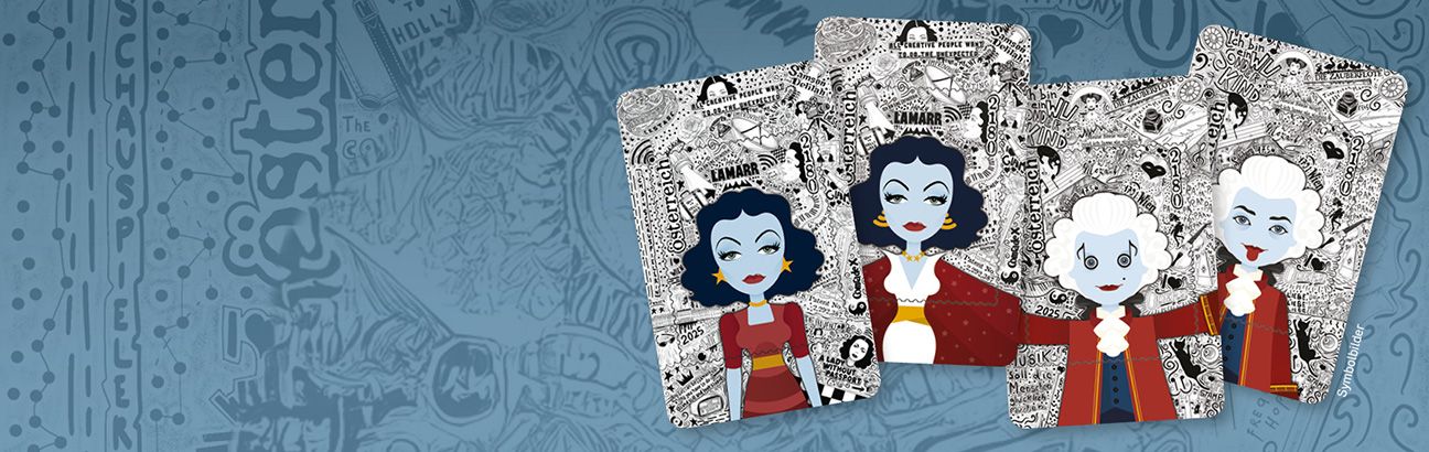 Briefmarkenserie Österreich 2023 mit illustrierten historischen Persönlichkeiten und kreativem Hintergrunddesign.