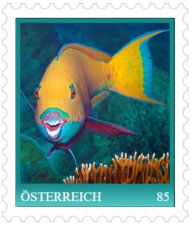 ed993391c218dac83a5a7154e5c0bd454bc5eb10.jpg Briefmarke Österreich 2023, Nominale 0,85 Euro: Bunter Fisch im Korallenriff, türkisfarbener Rand.
