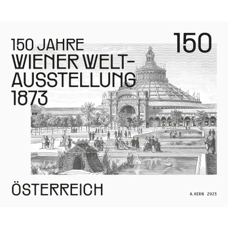 ea5d52ed6f040851d60a0fdaf6bfdd3d47403b13.jpg Briefmarke Österreich 2023, Nominale 1,50 €: 150 Jahre Wiener Weltausstellung 1873, mit Ausstellungshalle.