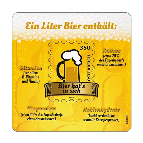 224480_BIERDECKEL Austrian Post stamp 2024, nominal value 3.50 Euro: Beer mug with foam, text 'Beer has it in it'.