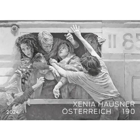 Austrian stamp 2024, nominal value 1.90 euros: Artwork by Xenia Hausner depicting people reaching out from a train.