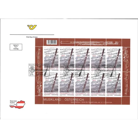 Austrian Post stamp sheet 2024, €1.20: 'Music Land Austria' theme with bassoon and sheet music design.