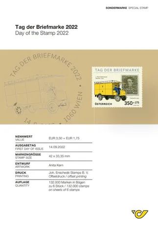 Austrian Post stamp 'Day of the Stamp 2022', €3.50+€1.75, featuring a yellow postal vehicle and Franz Joseph I.