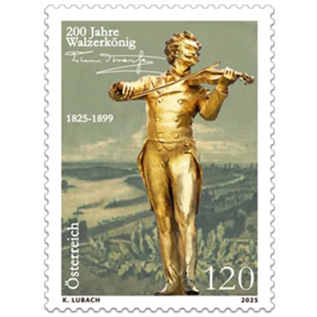 Briefmarke Österreich 2025, Nominale 1,20 Euro: Goldene Statue von Johann Strauss II, '200 Jahre Walzerkönig'.
